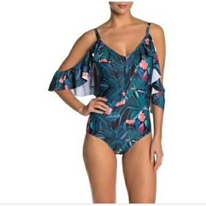Nicole Miller Ruffle Cold Shoulder One Piece Swims